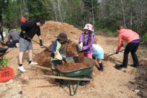 Children load a wheelbarrow with bark mulch